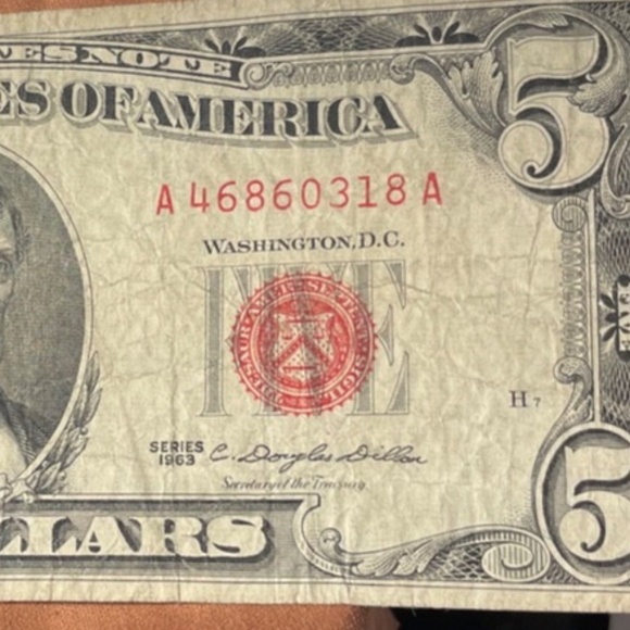 1963 Bill $5 Red Seal# A 46860318 A #205945538085 - Picture 2 of 5